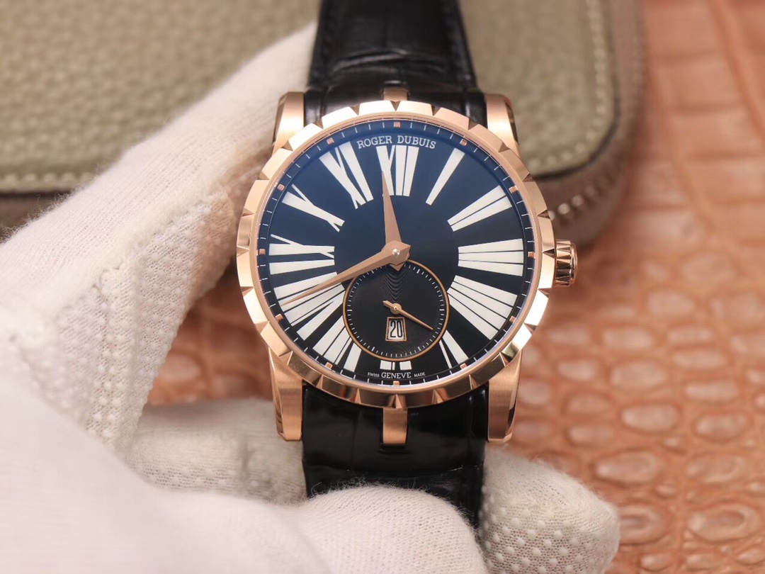 [PF공장]로저드뷔 엑스칼리버 42mm 18K 로즈골드 도금 블랙다이얼 가죽스트랩