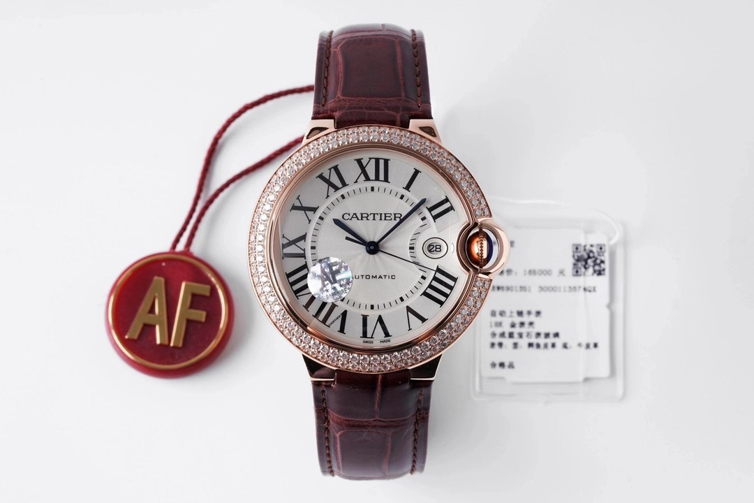 [AF공장]까르띠에 발롱블루 42MM 18K 로즈골드 다이아몬드 베젤 화이트다이얼 가죽스트랩