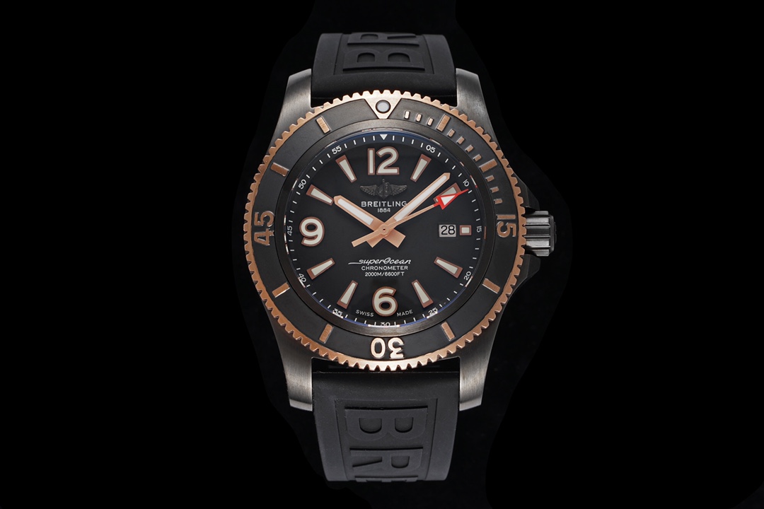 [TF공장]브라이틀링 슈퍼오션 46mm DLC블랙 블랙다이얼 로즈골드베젤 러버스트랩