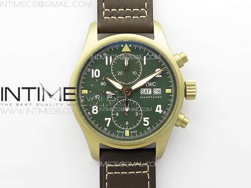 Pilot Chrono Spitfire IW387902 Bronze ZF 11 Best Edition Green Dial on Brown Leather Strap A7750