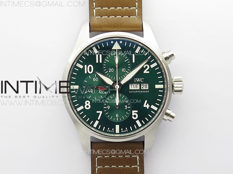 Pilot Chrono Spitfire IW377726 SS ZF 11 Best Edition Green Dial on Brown Leather Strap A7750
