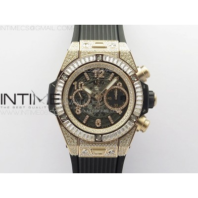 Hublot Big Bang Unico RG Full Diamonds ZF 11 Best Edition Skeleton Dial T Diamonds Bezel on Black Rubber Strap A1280