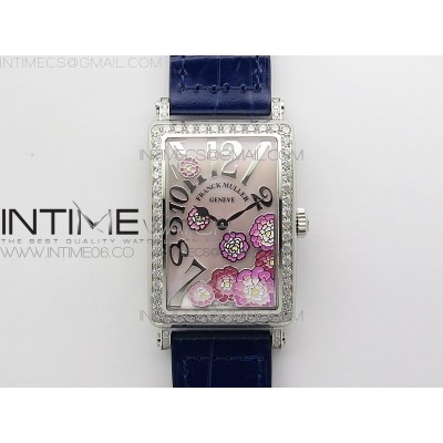 Long Island Ladies SS Diamonds Bezel ZF 11 Mother of Pearl Dial on Blue Leather Strap Swiss Ronda Quartz