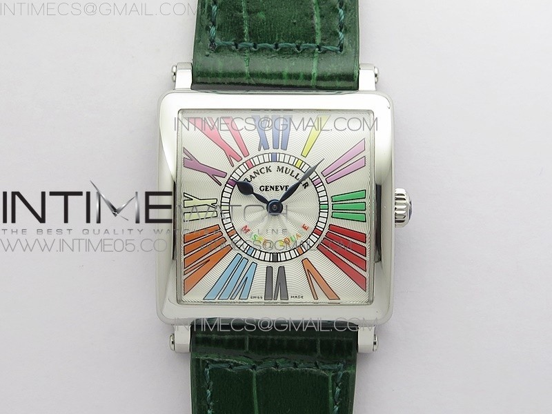 Master Square SS Ladies ZF 11 Best Edition White Colorful Roman Dial on Green Leather Strap Ronda Quartz