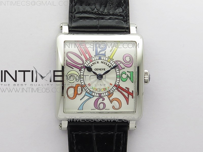 Master Square SS Ladies ZF 11 Best Edition White Colorful Arabic Dial on Black Leather Strap Ronda Quartz