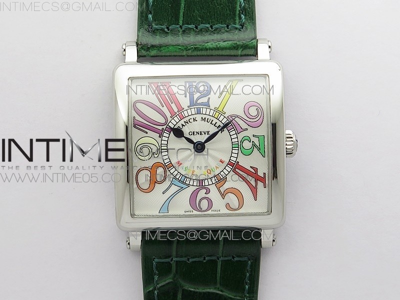 Master Square SS Ladies ZF 11 Best Edition White Colorful Arabic Dial on Green Leather Strap Ronda Quartz