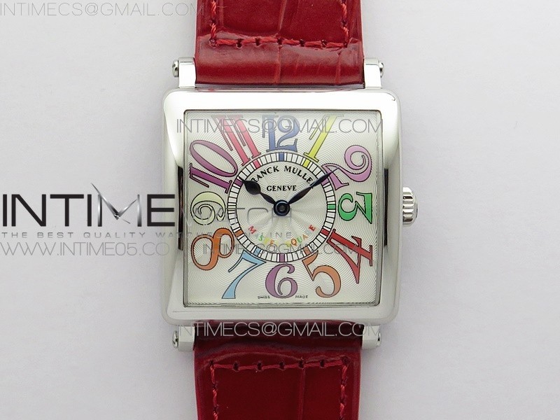Master Square SS Ladies ZF 11 Best Edition White Colorful Arabic Dial on Red Leather Strap Ronda Quartz