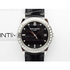 Calatrava 5298P-012 SS T Crystal Bezel ZF 11 Best Edition Black Dial on Black Leather Strap A324CS