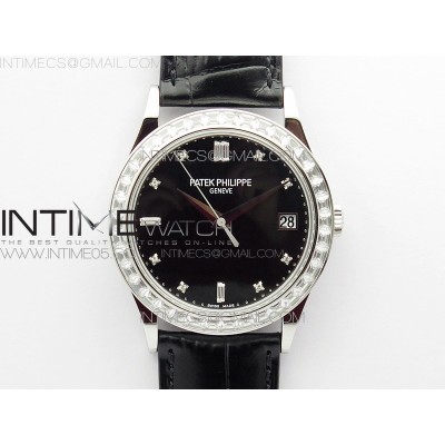 Calatrava 5298P-012 SS T Crystal Bezel ZF 11 Best Edition Black Dial on Black Leather Strap A324CS