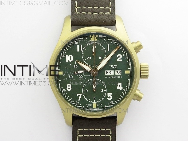Pilot Chrono Spitfire IW387902 Bronzo ZF 11 Best Edition Green Dial on Brown Leather Strap A7750