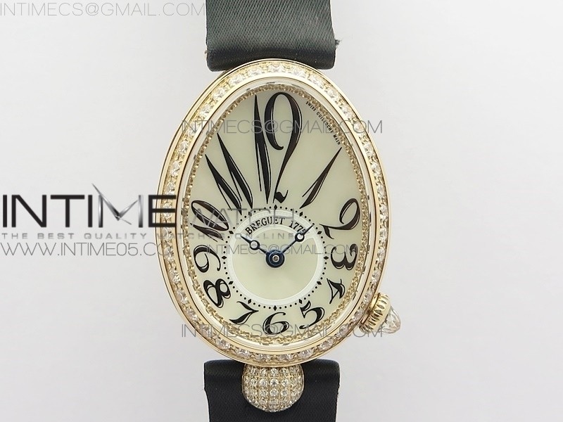 Reine de Naples 8928BB 33mm RG ZF 11 Best Edition White MOP Dial Numeral Markers Diamonds Bezel on Black Fabric Strap A537