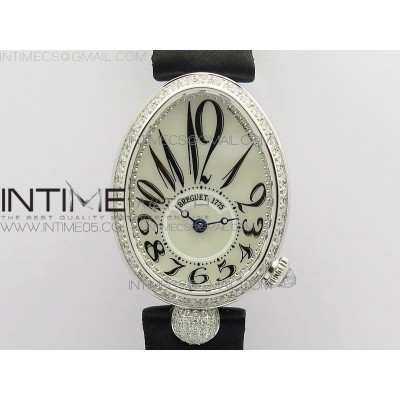 Reine de Naples 8928BB 33mm SS ZF 11 Best Edition White MOP Dial Numeral Markers Diamonds Bezel on Black Fabric Strap A537