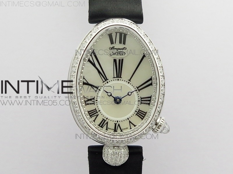 Reine de Naples 8928BB 33mm SS ZF 11 Best Edition White MOP Dial Roman Markers Diamonds Bezel on Black Fabric Strap A537