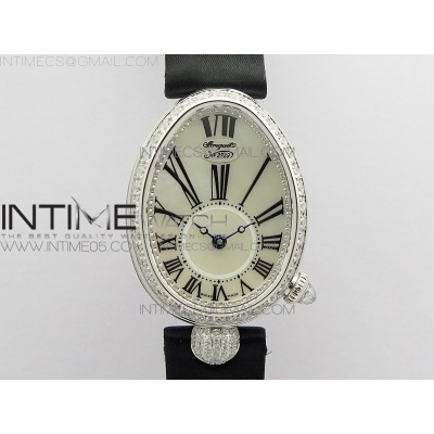 Reine de Naples 8928BB 33mm SS ZF 11 Best Edition White MOP Dial Roman Markers Diamonds Bezel on Black Fabric Strap A537