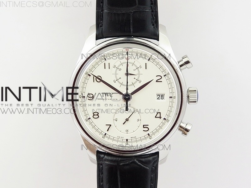 Portugieser Chrono Classic 42 IW390403 ZF 11 Best Edition White Dial Blue Hand on Black Leather Strap A7750