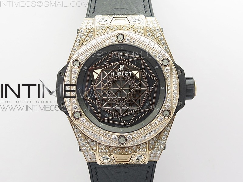 Big Bang Sang Bleu RG Ti Crystal Case Bezel WWF 11 Best Edition Black Skeletonal Dial On Black Gummy Strap Asian HB1213 V2