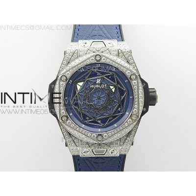Big Bang Sang Bleu Ti Crystal Bezel And Case WWF 11 Best Edition Blue Skeletonal Dial On Blue Gummy Strap Asian HB1213 V2