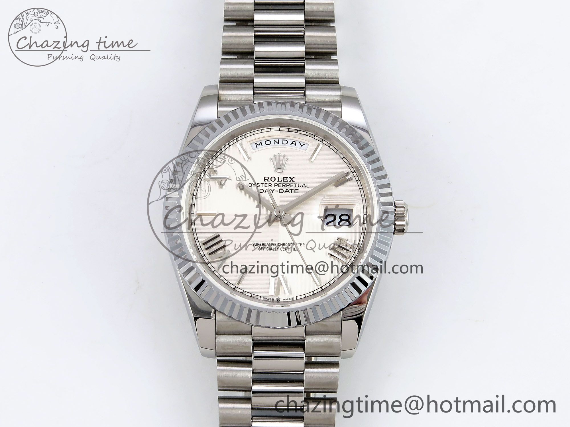 [GM공장]롤렉스 데이데이트 40 White Textured Roman Dial on President Bracelet VR2836 V3 (텅스텐)