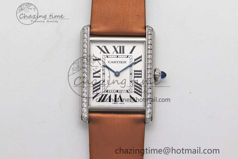 [K11공장]까르띠에 탱크머스트 Large White Dial Diamonds Bezel on Satin Leather Strap Ronda Quartz