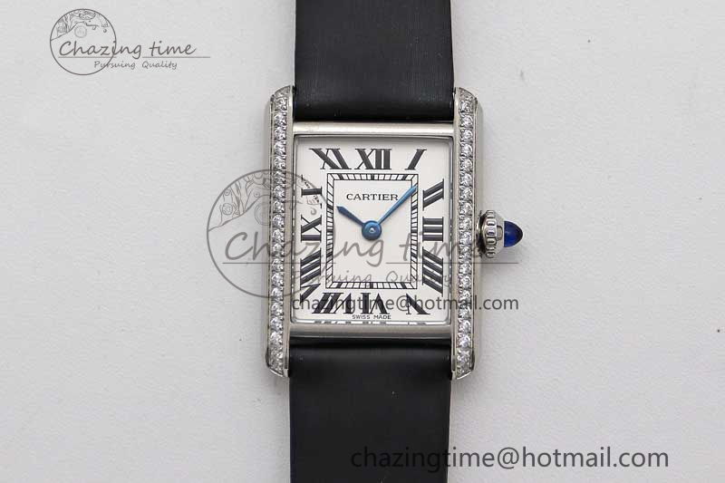 [K11공장]까르띠에 탱크머스트 Small White Dial Diamonds Bezel on Satin Leather Strap Ronda Quartz