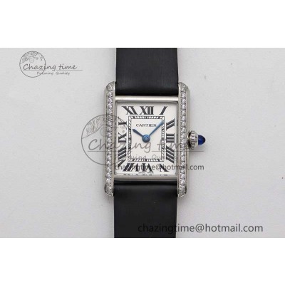 [K11공장]까르띠에 탱크머스트 Small White Dial Diamonds Bezel on Satin Leather Strap Ronda Quartz