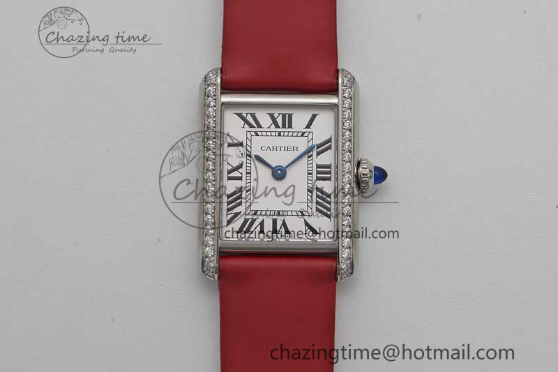 [K11공장]까르띠에 탱크머스트 Small White Dial Diamonds Bezel on Satin Leather Strap Ronda Quartz