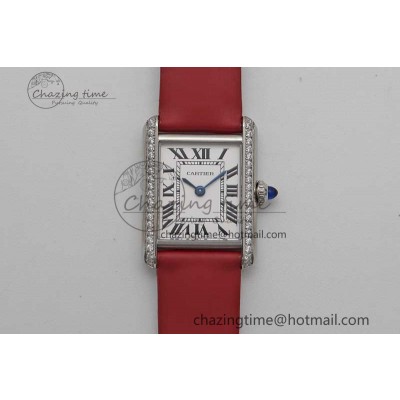 [K11공장]까르띠에 탱크머스트 Small White Dial Diamonds Bezel on Satin Leather Strap Ronda Quartz