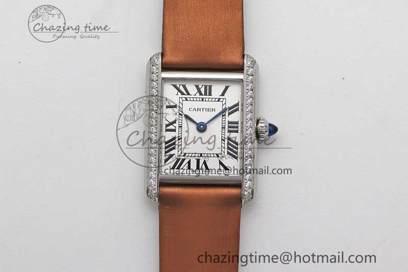 [K11공장]까르띠에 탱크머스트 Small White Dial Diamonds Bezel on Satin Leather Strap Ronda Quartz