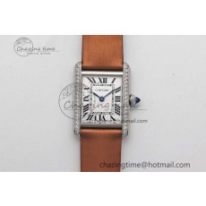 [K11공장]까르띠에 탱크머스트 Small White Dial Diamonds Bezel on Satin Leather Strap Ronda Quartz