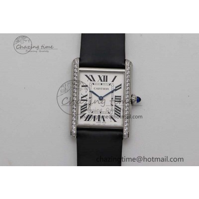 [K11공장]까르띠에 탱크머스트 Large White Dial Diamonds Bezel on Satin Leather Strap Ronda Quartz