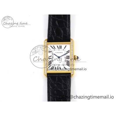 [AF공장]까르띠에 탱크솔로 YG  White Dial Diamonds Bezel on Black Leather Strap Ronda Quartz