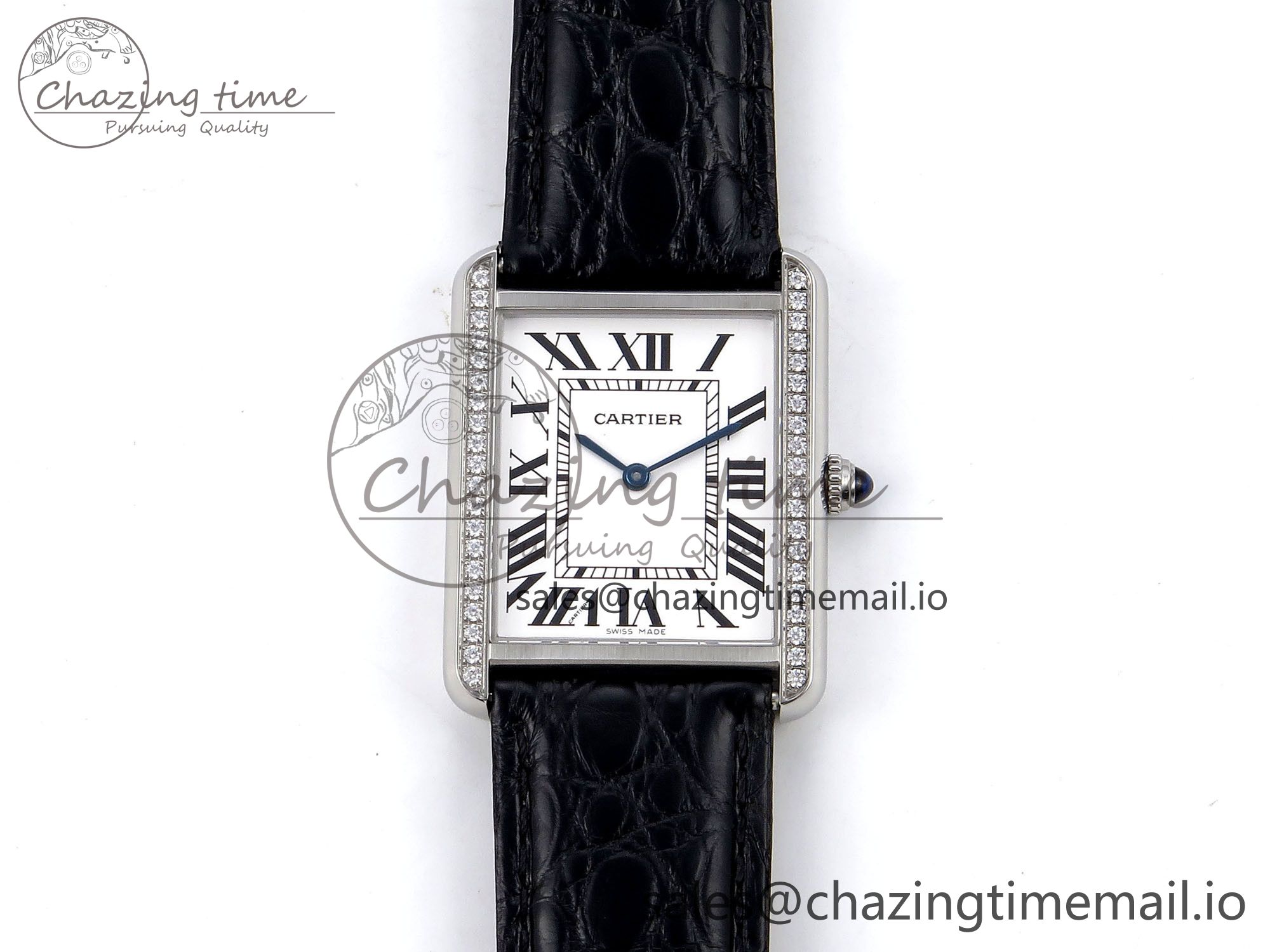 [AF공장]까르띠에 탱크솔로 Ladies 28mm White Dial Diamonds Bezel on Black Croco Strap Ronda Quartz