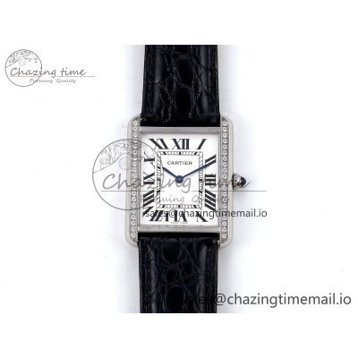 [AF공장]까르띠에 탱크솔로 Ladies 28mm White Dial Diamonds Bezel on Black Croco Strap Ronda Quartz