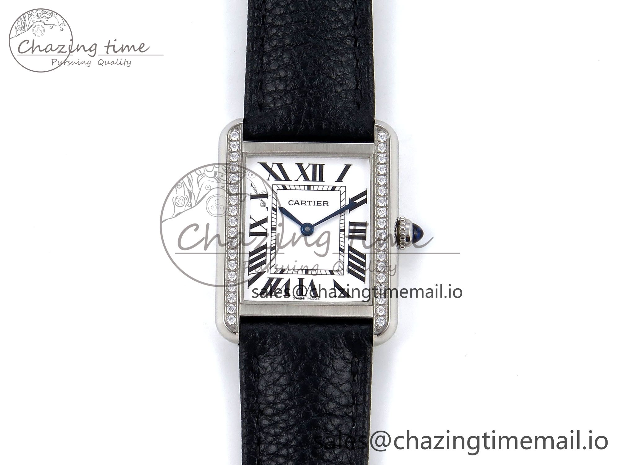 [AF공장]까르띠에 탱크솔로 Ladies 25mm White Dial Diamonds Bezel on Black Leather Strap Ronda Quartz