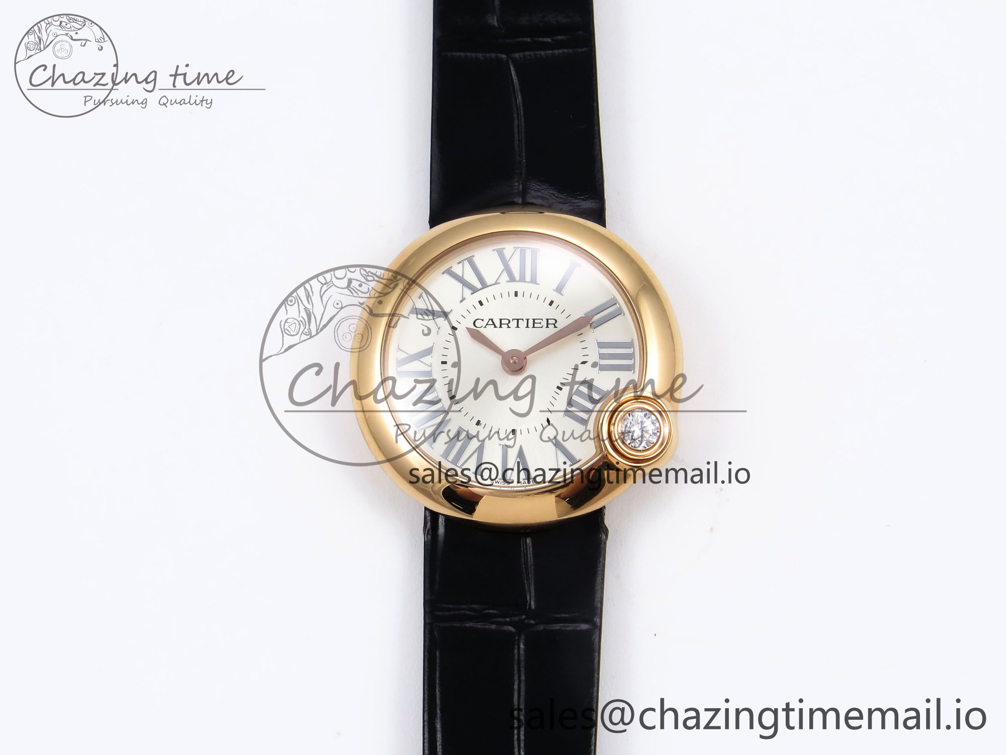 [AF공장]까르띠에 발롱블루 30mm RG  Silvered Dial on Black Leather Strap Ronda Quartz