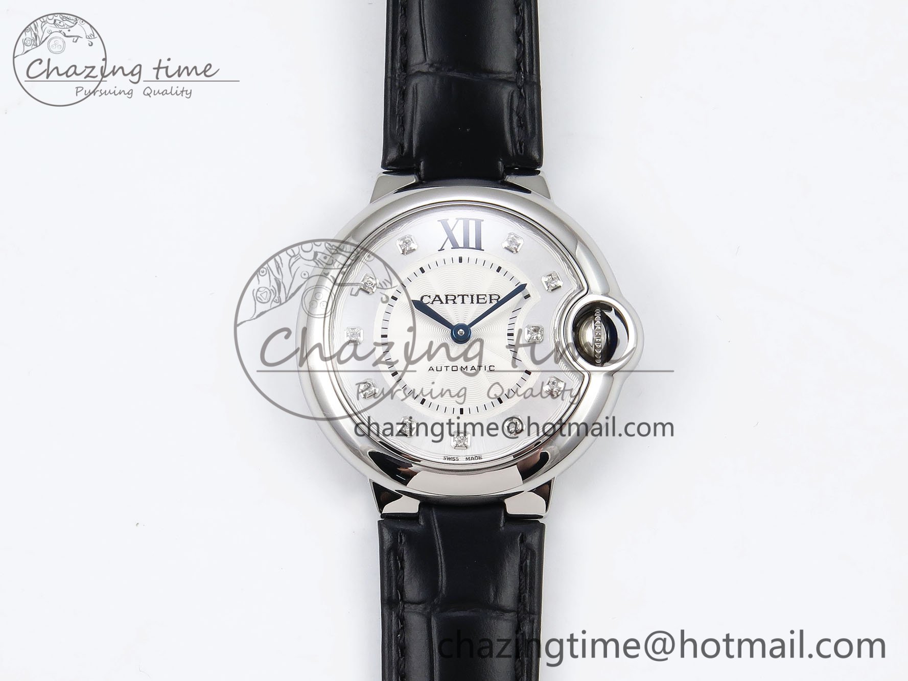 [AF공장]까르띠에 발롱블루 33mm Silver Diamonds Dial on Black Leather Strap SEIKO NH05A