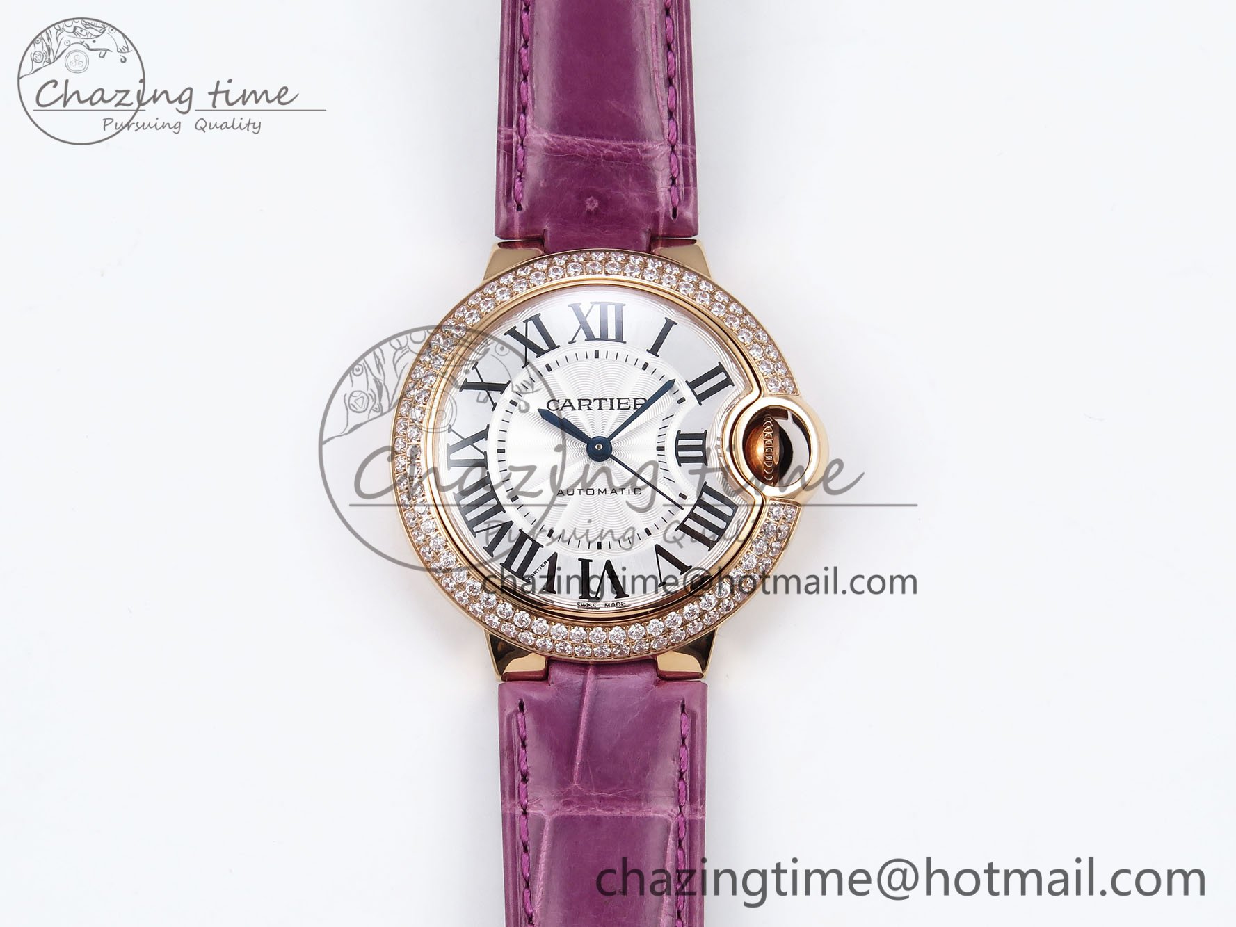 [AF공장]까르띠에 발롱블루 33mm RG Silver Dial Diamonds Bezel on Purple Leather Strap SEIKO NH05A