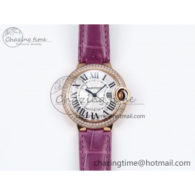 [AF공장]까르띠에 발롱블루 33mm RG Silver Dial Diamonds Bezel on Purple Leather Strap SEIKO NH05A