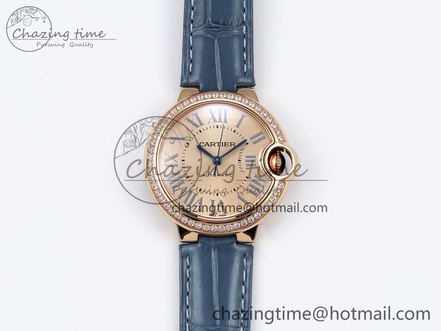 [AF공장]까르띠에 발롱블루 33mm RG RG Dial Diamonds Bezel on Blue Leather Strap SEIKO NH05A