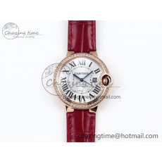 [AF공장]까르띠에 발롱블루 33mm RG  Silver Dial Diamonds Bezel on Red Leather Strap SEIKO NH05A