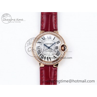 [AF공장]까르띠에 발롱블루 33mm RG  Silver Dial Diamonds Bezel on Red Leather Strap SEIKO NH05A