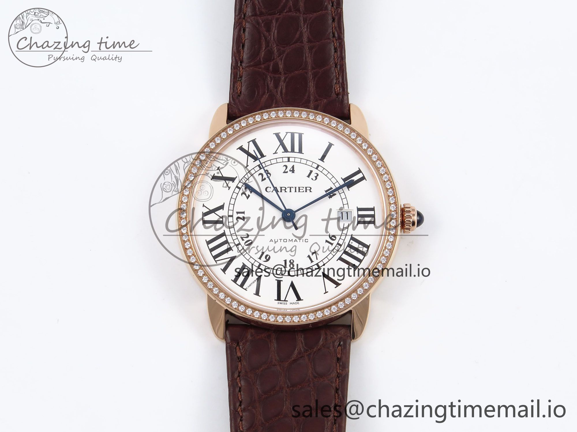 [AF공장]까르띠에 롱드솔로 42mm RG White Dial Diamonds Bezel on Brown Black Strap MIYOTA 9015