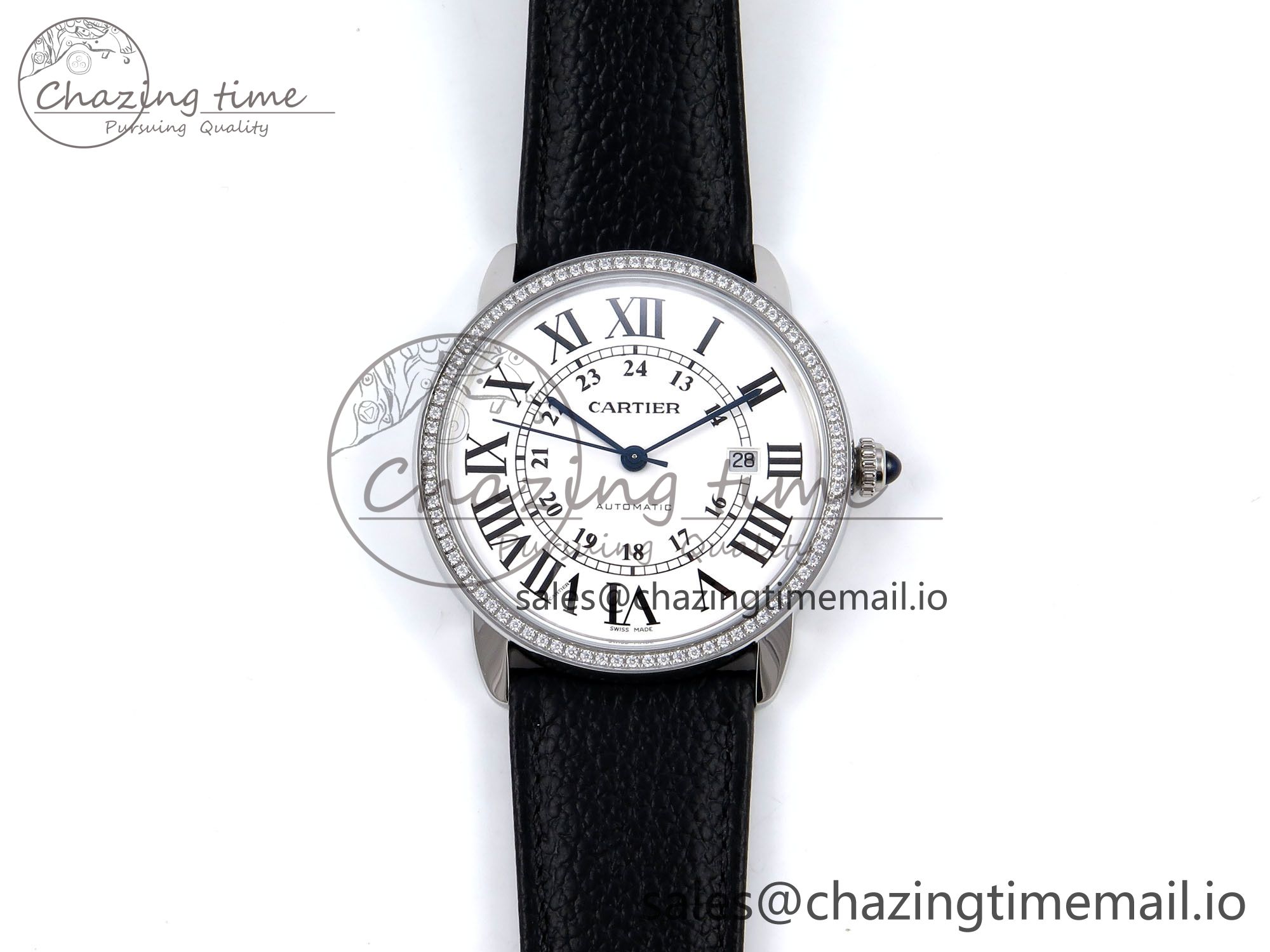 [AF공장]까르띠에 롱드솔로 42mm White Dial Diamonds Bezel on Black Black Strap MIYOTA 9015