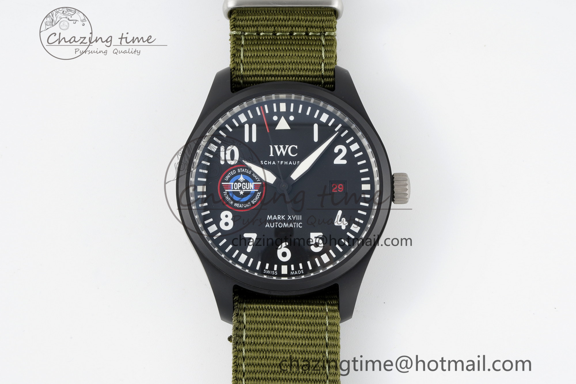 [M+공장]IWC 탑건 SFTI 세라믹케이스 블랙다이얼 그린 나일론 스트렙 Top Gun Pilot Mark XVIII Limited “SFTI”  Black Dial on Green Nylon Strap A35111