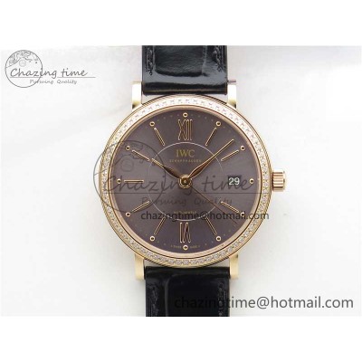 [V7공장]IWC Portofino 37mm RG Gray Dial Diamonds Bezel on Black Leather Strap A2892