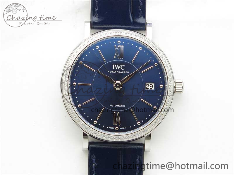 [V7공장]IWC Portofino 37mm Blue Dial Diamonds Bezel on Blue Leather Strap A2892