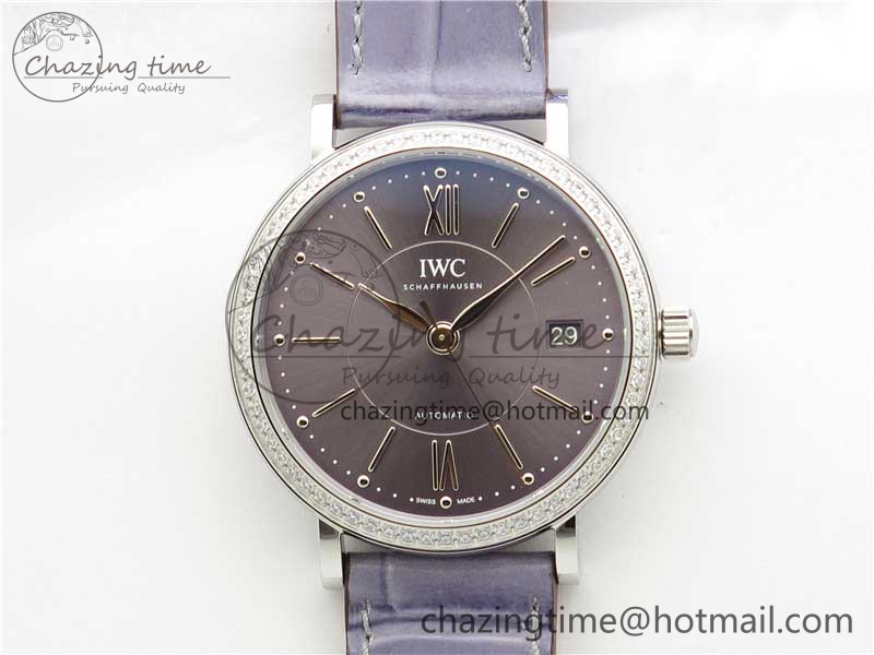 [V7공장]IWC Portofino 37mm Gray Dial Diamonds Bezel on Gray Leather Strap A2892