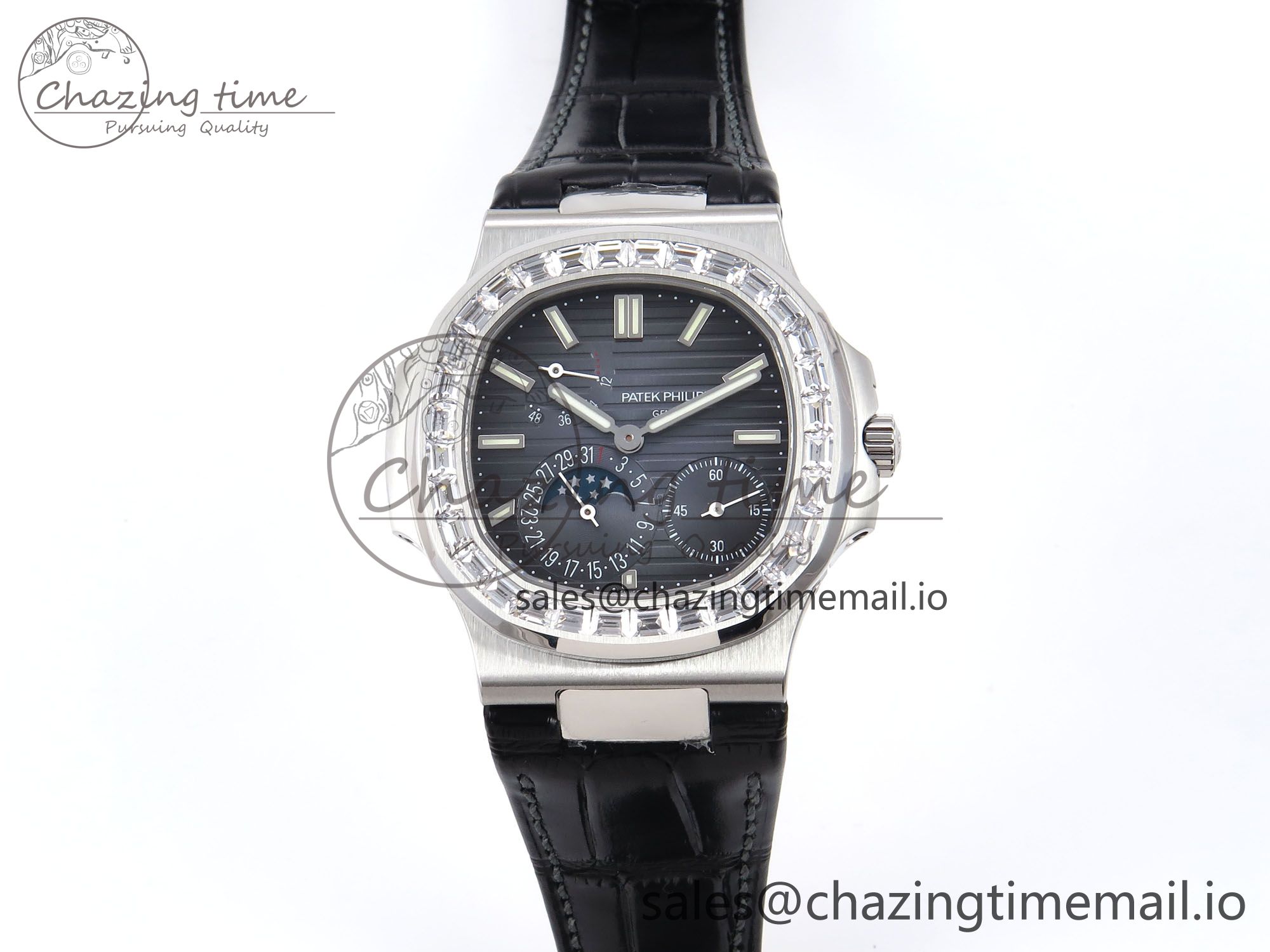 [PPF공장]파텍필립 Nautilus 5712 SS  Blue Dial Diamonds Bezel on Black Leather Strap A240 Super Clone