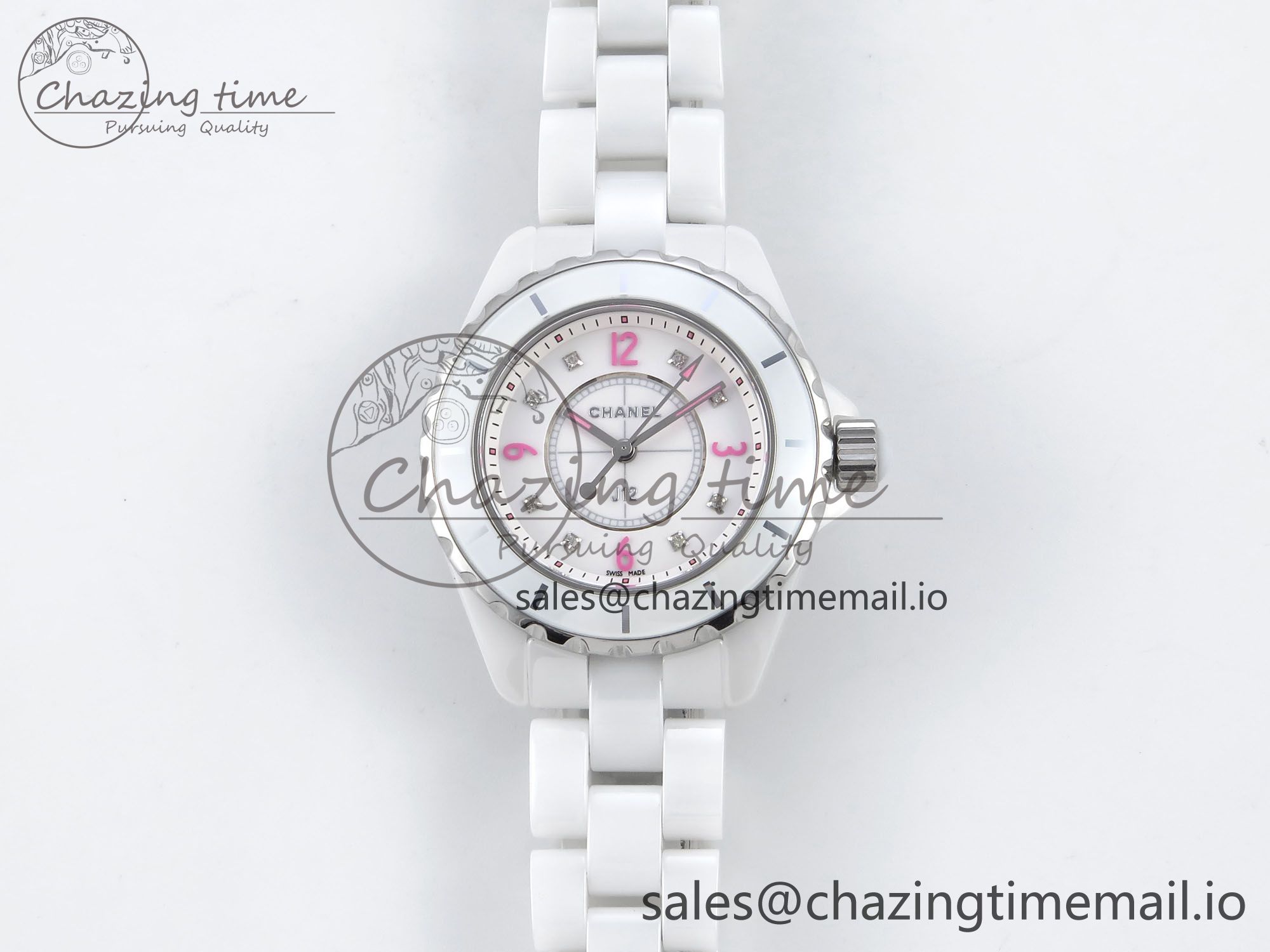 [EAST공장]샤넬 J13 33mm White Ceramic Pink Dial Diamonds Makers on Bracelet Swiss Quartz